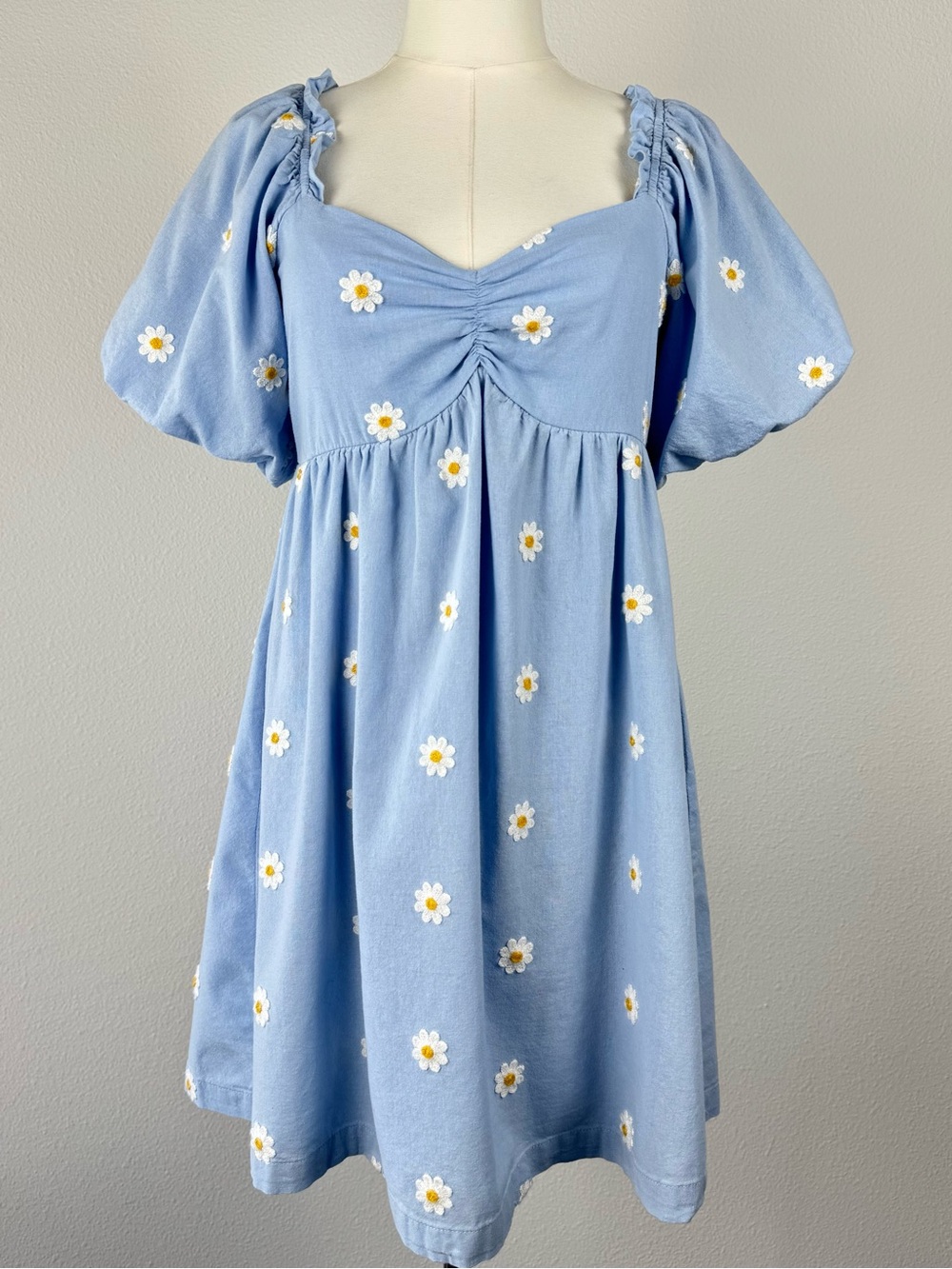 Altar’d State Blue Daisy Embroidered Babydoll Mini Dress Size M Cottagecore
